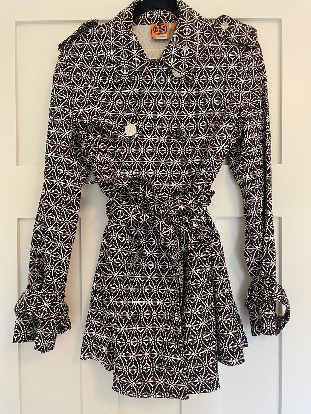 Tory Burch Cotton Geometric Trench Jacket Dark Brown White